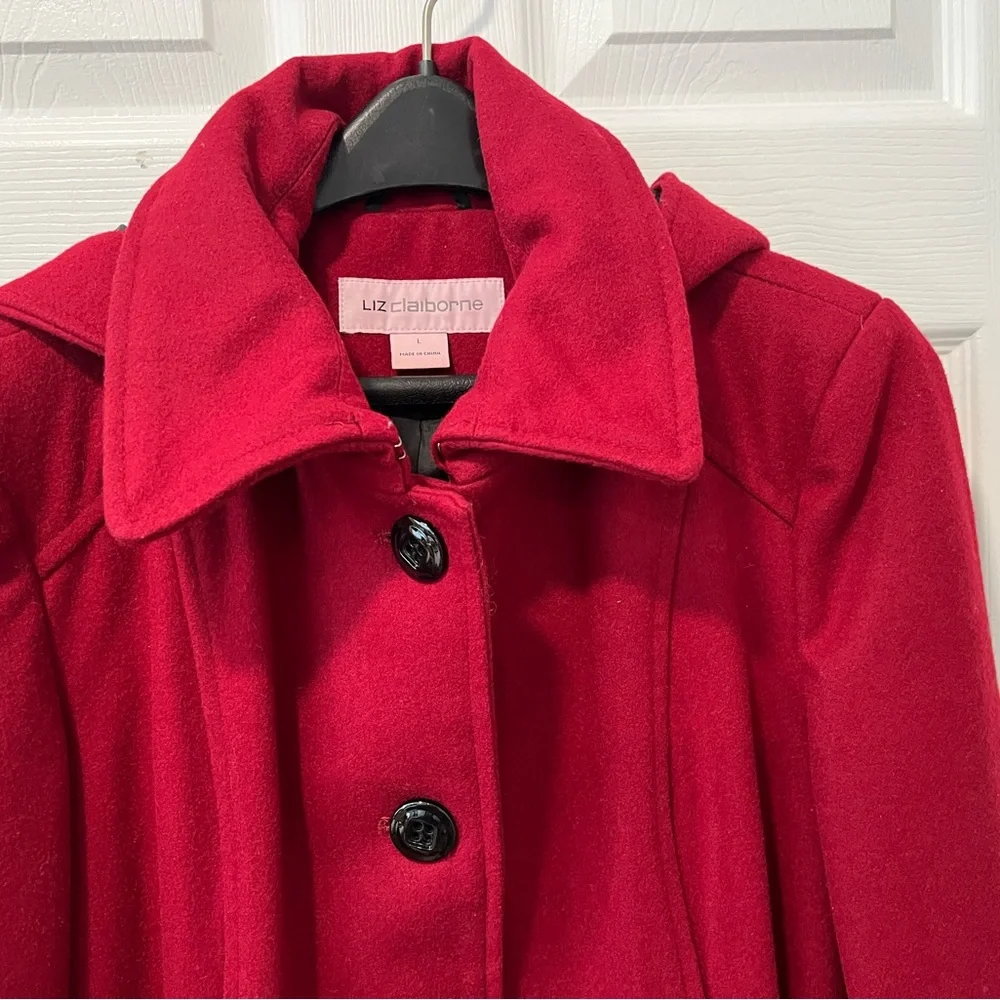 Liz Clairborne Women L Elegant Burgundy Red Peacoat/Winter Coat  Wool Blend Hood